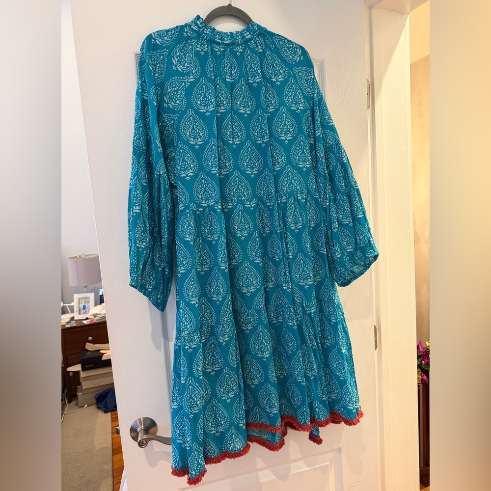 Tuckernuck Tropical Teal Lantern Block Print Tie Neck Dress - Picture 7 of 7